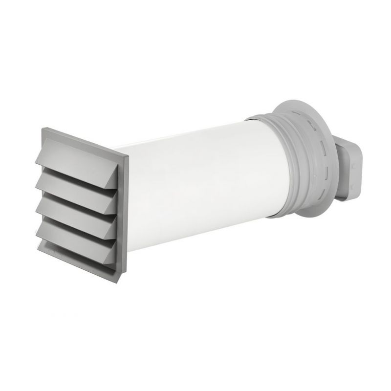 Grille d’aération murale gris clair avec conduit d’évacuation thermique intégré, style moderne.
