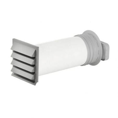 Grille d’aération murale gris clair avec conduit d’évacuation thermique intégré, style moderne.