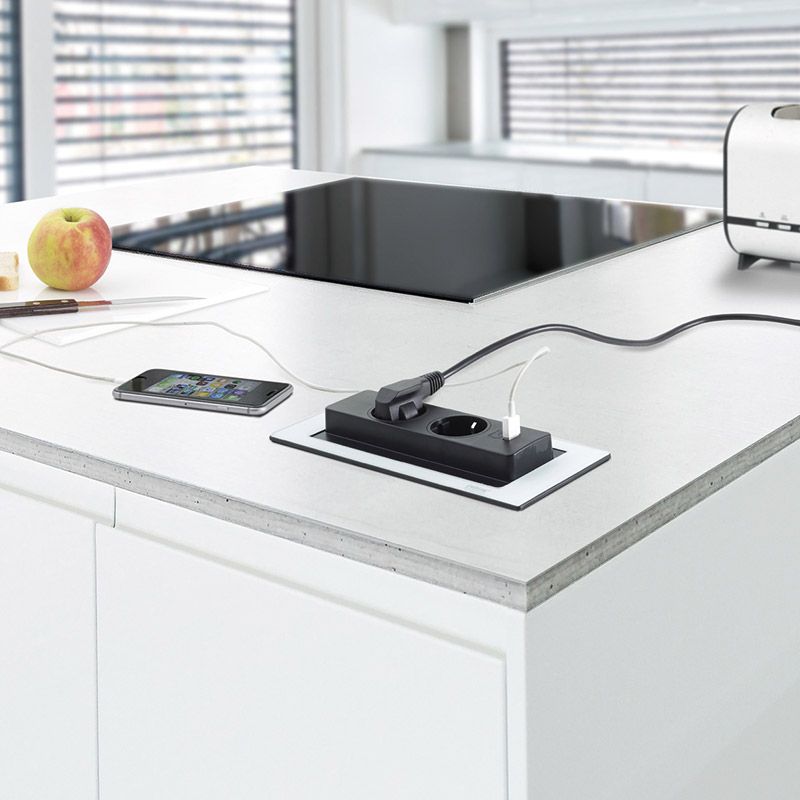 Bloc prises rotatif Inox brossé 2 prises + 1 USB