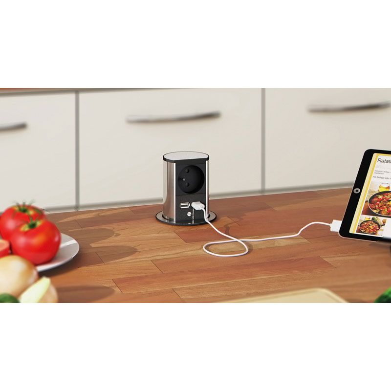 Bloc prises escamotable Elevator 1 prise + 2 USB