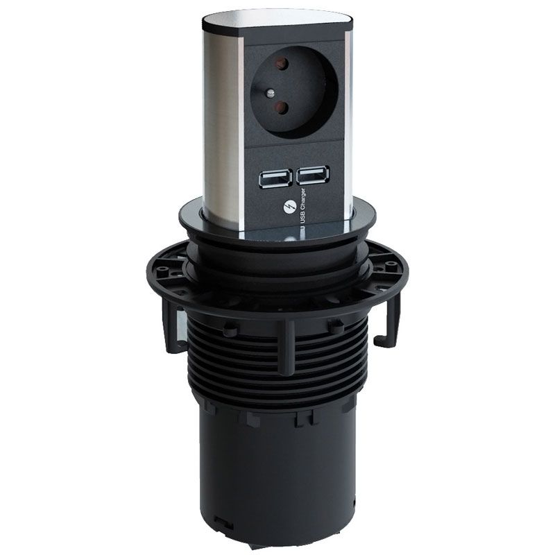 Bloc prises escamotable Elevator 1 prise + 2 USB