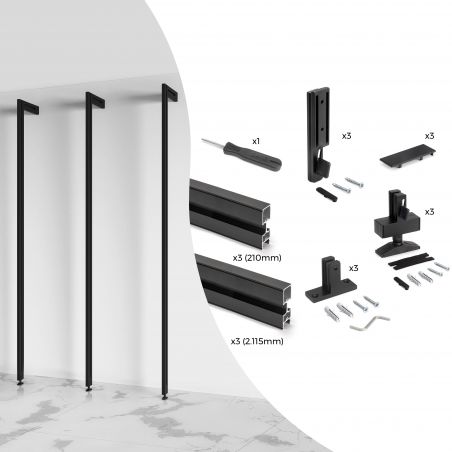 Kit cadre modulaire Zéro avec quincaillerie et 3 profils pour montage au sol et au mur avec niveleur rectangulaire, Noir