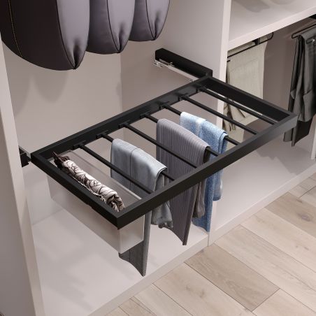 Kit porte pantalons 7 tringles sur coulisses avec 2 bacs de rangement pour caisson de 900 mm, Noir Kit porte pantalons 7 tringles sur coulisses avec 2 bacs de rangement pour caisson de 900 mm, Noir