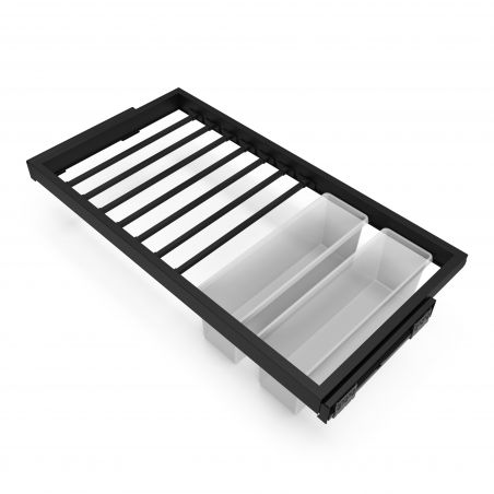 Kit porte pantalons 7 tringles sur coulisses avec 2 bacs de rangement pour caisson de 900 mm, Noir Kit porte pantalons 7 tringles sur coulisses avec 2 bacs de rangement pour caisson de 900 mm, Noir