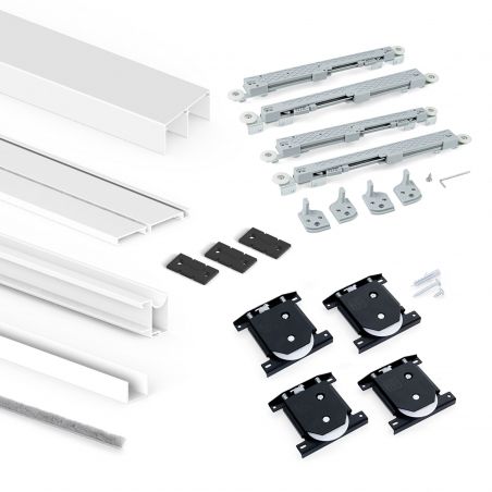 Kit pour Placard 2 portes coulissantes avec ouverture et fermeture amorties, panneaux épaisseur 16mm non inclus, Blanc Kit pour Placard 2 portes coulissantes avec ouverture et fermeture amorties, panneaux épaisseur 16mm non inclus, Blanc
