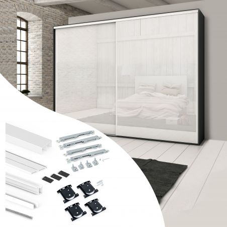 Kit pour Placard 2 portes coulissantes avec ouverture et fermeture amorties, panneaux épaisseur 16mm non inclus, Blanc Kit pour Placard 2 portes coulissantes avec ouverture et fermeture amorties, panneaux épaisseur 16mm non inclus, Blanc