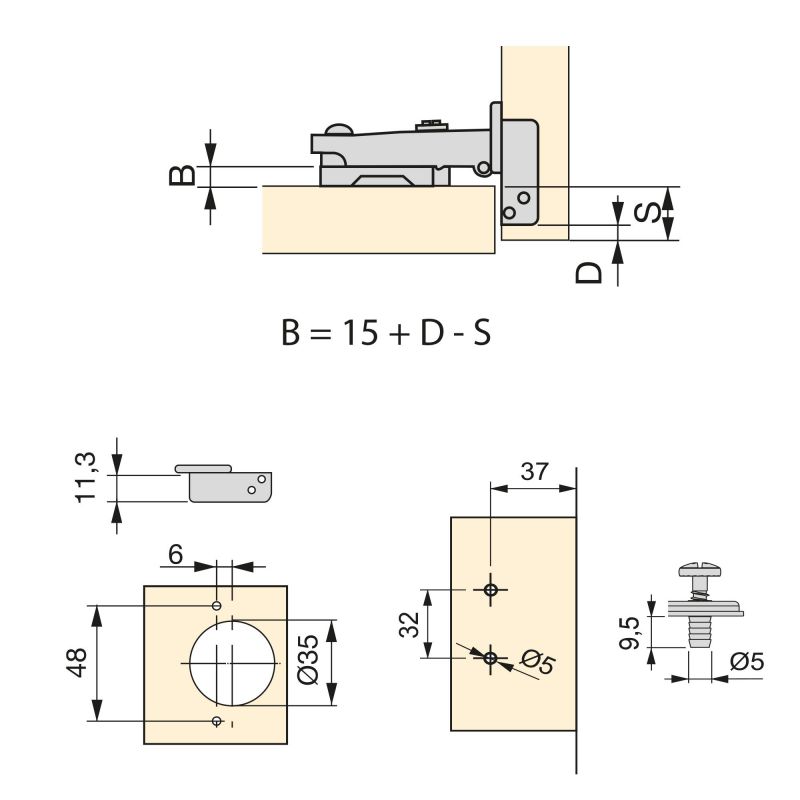 Lot de 20 charnières droites X92N à visser et à appliquer, Diamètre 5x9.5mm, Hauteur 0, Nickelé