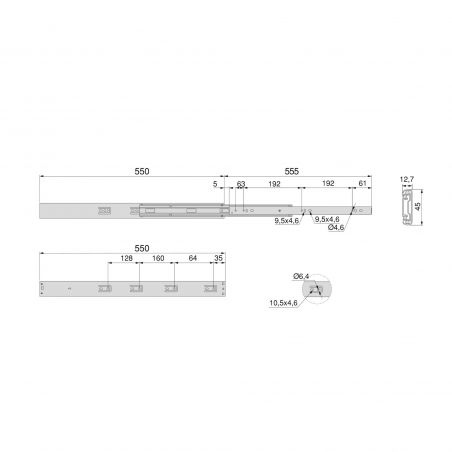 Lot de 5 coulisses roulement à billes, hauteur 45mm, profondeur 550mm, sortie totale, avec amortisseur et push to open Lot de 5 coulisses roulement à billes, hauteur 45mm, profondeur 550mm, sortie totale, avec amortisseur et push to open