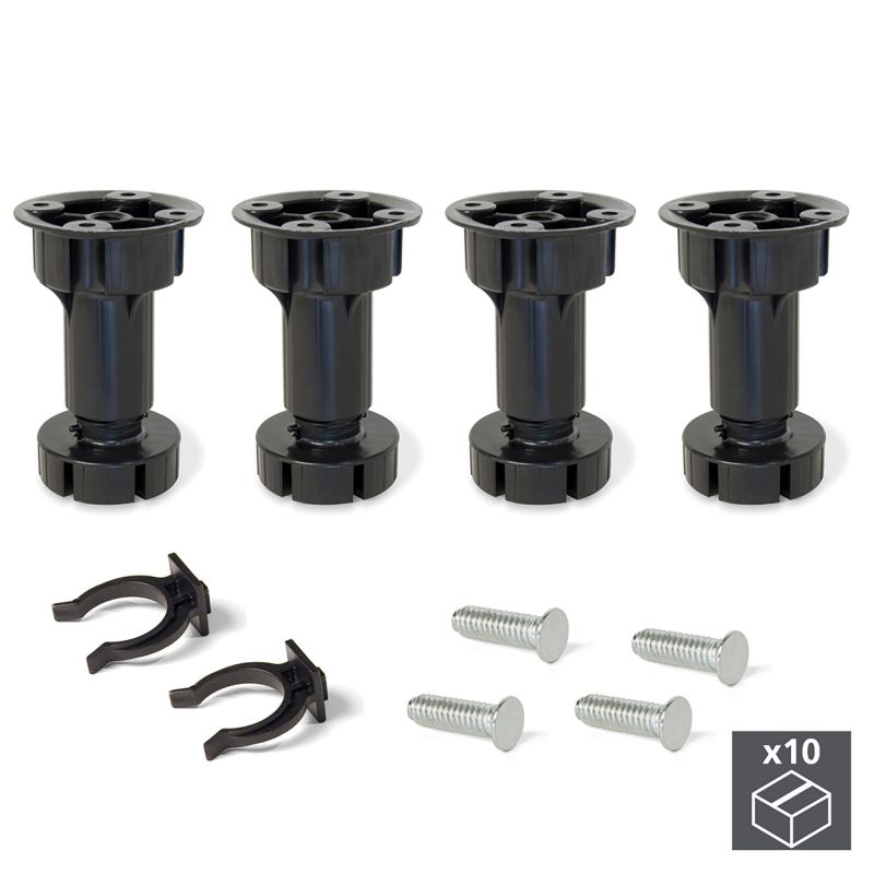 Lot de 40 pieds réglables avec base pré-assemblée pour meuble, hauteur 98 - 115 mm, Noir