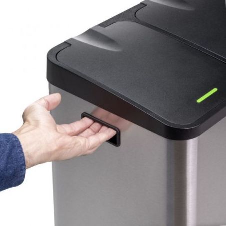 Bac de tri sélectif à 2 compartiments, ouverture du couvercle par pédale, 2 bacs de 15 litres, Acier inoxydable