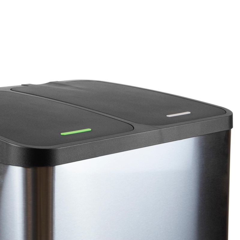 Bac de tri sélectif à 2 compartiments, ouverture du couvercle par pédale, 2 bacs de 15 litres, Acier inoxydable