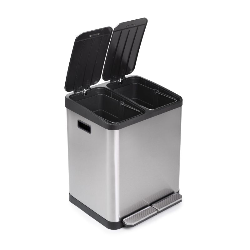 Bac de tri sélectif à 2 compartiments, ouverture du couvercle par pédale, 2 bacs de 15 litres, Acier inoxydable