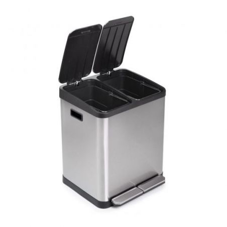 Bac de tri sélectif à 2 compartiments, ouverture du couvercle par pédale, 2 bacs de 15 litres, Acier inoxydable