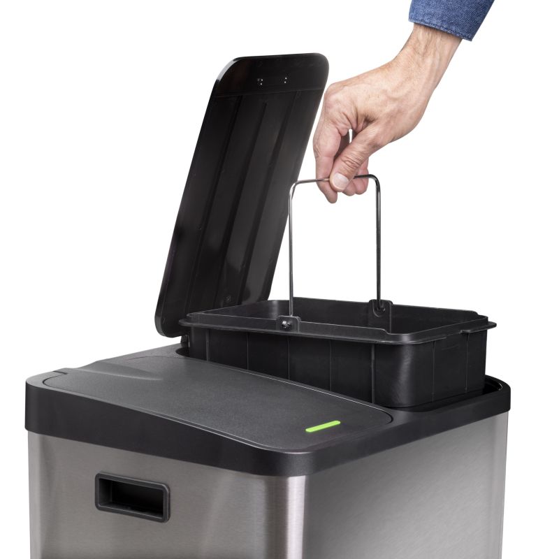 Bac de tri sélectif à 2 compartiments, ouverture du couvercle par pédale, 2 bacs de 15 litres, Acier inoxydable