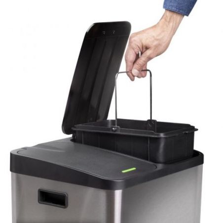 Bac de tri sélectif à 2 compartiments, ouverture du couvercle par pédale, 2 bacs de 15 litres, Acier inoxydable Bac de tri sélectif à 2 compartiments, ouverture du couvercle par pédale, 2 bacs de 15 litres, Acier inoxydable