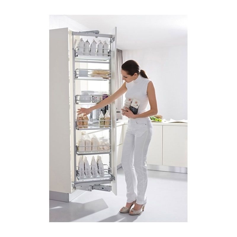 Armoire coulissante et pivotante 6 corbeilles pour caisson de 400mm, Blanc/Fil plat chromé