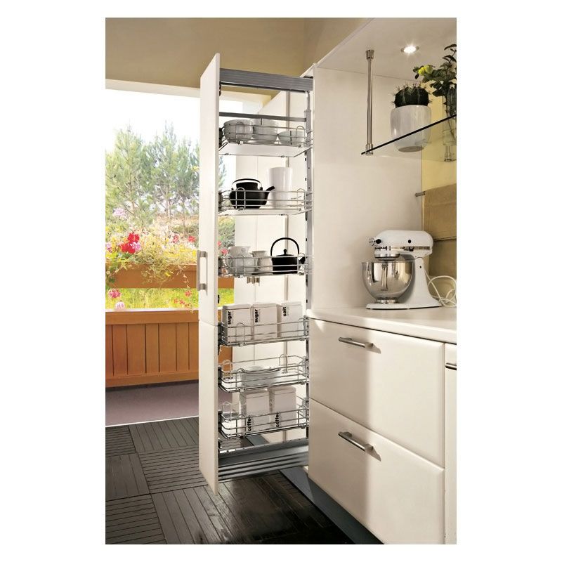 Armoire coulissante complète 6 corbeilles pour caisson de 400mm, Blanc/Fil plat chromé