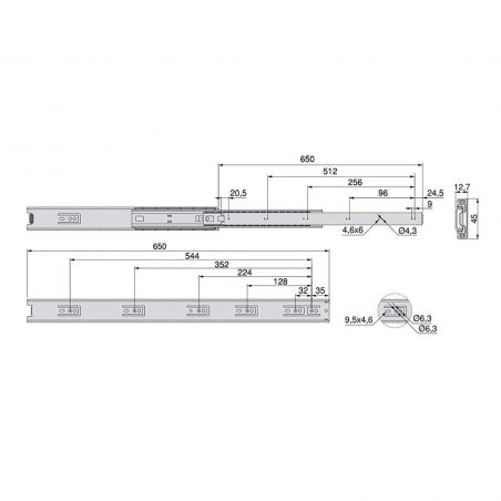 Lot de 5 coulisses roulement à billes, hauteur 45mm, profondeur 650mm, sortie totale Lot de 5 coulisses roulement à billes, hauteur 45mm, profondeur 650mm, sortie totale