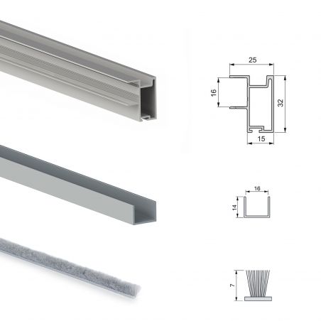 Kit pour Placard 2 portes coulissantes avec ouverture et fermeture amorties, panneaux épaisseur 16mm non inclus, Anodisé mat Kit pour Placard 2 portes coulissantes avec ouverture et fermeture amorties, panneaux épaisseur 16mm non inclus, Anodisé mat