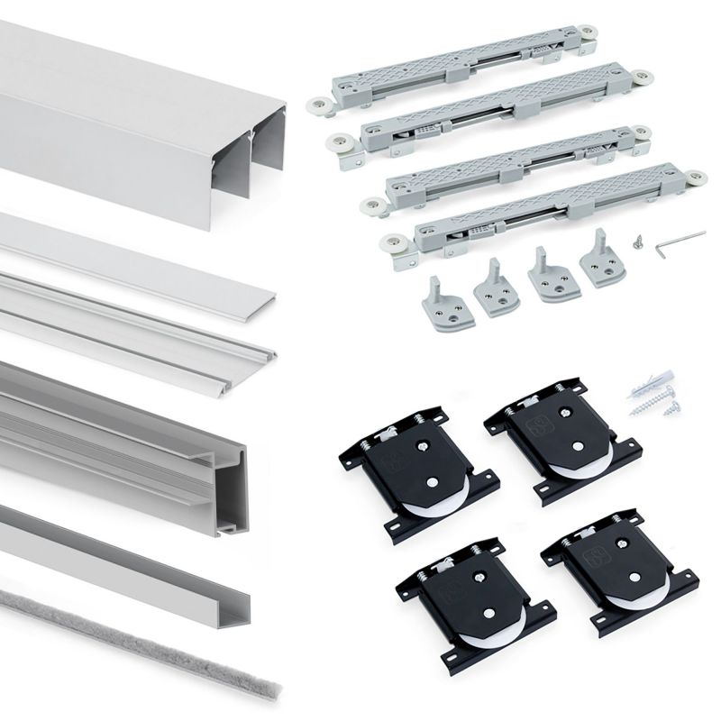 Kit pour Placard 2 portes coulissantes avec ouverture et fermeture amorties, panneaux épaisseur 16mm non inclus, Anodisé mat