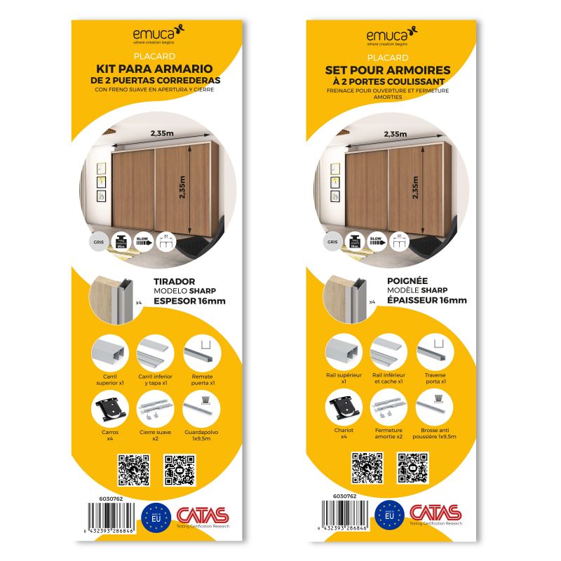 Kit pour Placard 2 portes coulissantes avec ouverture et fermeture amorties, panneaux épaisseur 16mm non inclus, Anodisé mat