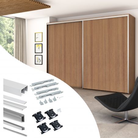 Kit pour Placard 2 portes coulissantes avec ouverture et fermeture amorties, panneaux épaisseur 16mm non inclus, Anodisé mat Kit pour Placard 2 portes coulissantes avec ouverture et fermeture amorties, panneaux épaisseur 16mm non inclus, Anodisé mat
