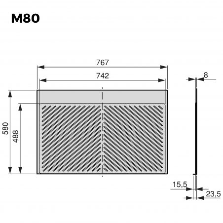 Tapis de protection Sink pour fond de meuble de cuisine, schéma technique M80 avec dimensions: largeur 767 mm, profondeur 23,5 m