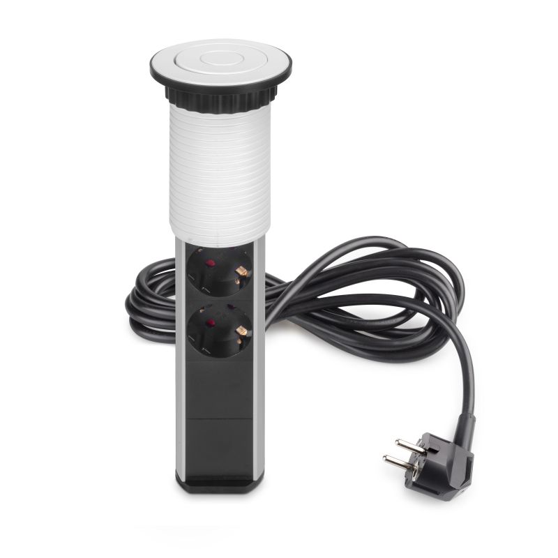 Multiconnecteur escamotable Vertikal Ø 60 mm, 3 prises + 2 USB, Blanc