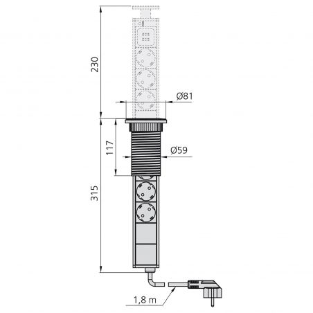 Multiconnecteur escamotable Vertikal Ø 60 mm, 3 prises + 2 USB, Blanc Multiconnecteur escamotable Vertikal Ø 60 mm, 3 prises + 2 USB, Blanc