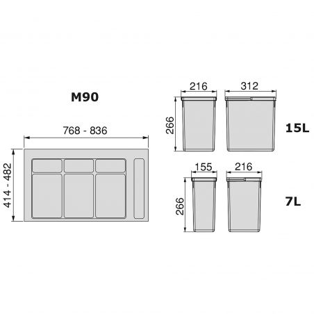 Kit poubelle Recycle avec base 44L 4 bacs pour caisson de 900 mm Kit poubelle Recycle avec base 44L 4 bacs pour caisson de 900 mm