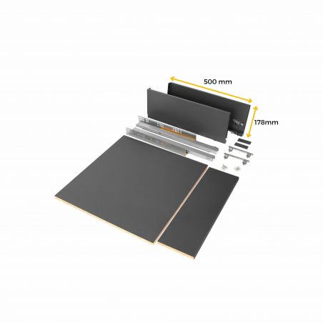 Tiroir Vertex 40 kg hauteur 178 mm, profondeur 500 mm avec panneaux inclus pour caisson de 900 mm, Anthracite Tiroir Vertex 40 kg hauteur 178 mm, profondeur 500 mm avec panneaux inclus pour caisson de 900 mm, Anthracite