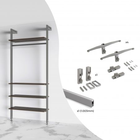 Kit de fixation Zéro pour 4 étagères bois et 1 tringle de suspension de 1m, Gris Kit de fixation Zéro pour 4 étagères bois et 1 tringle de suspension de 1m, Gris