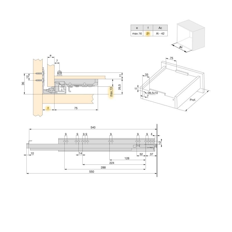 Jeu de coulisses invisibles Silver à sortie totale avec fermeture amortie et verrou, profondeur 540mm, Zingué
