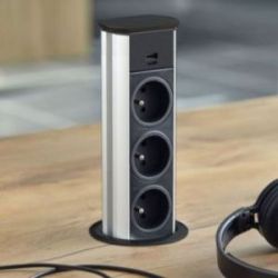 Bloc 3 Prises + USB-A + USB-C BRICK escamotable, à encastrer dans un plan de travail, Noir mat