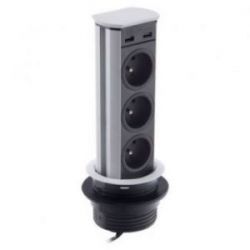 Bloc 3 Prises + 2 USB (2A - 5V) BRICK escamotable, à encastrer dans un plan de travail, Blanc mat