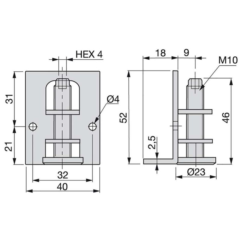 Lot de 10 Vérins de réglage pour meubles, réglage intérieur, M10, hauteur 46 mm, Zingué