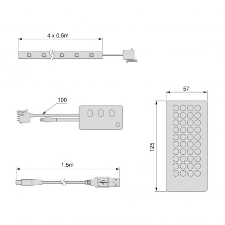 Kit de bande LED Octans RGB avec télécommande et contrôle WIFI via APP (5V DC), 4 x 0,5 m