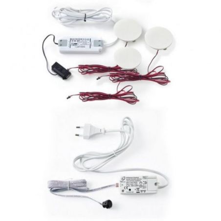 Kit 3 spots HALO MSA France avec interrupteur infra-rouge, ensemble lumineux décoratif 2W avec câbles et alimentation blanc.