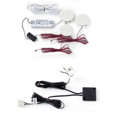 Kit LED HALO MSA France : modules rond blanc, câbles rouges, alimentation et interrupteur tactile, connecteurs d’entrée/sortie.