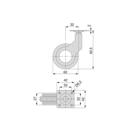 Lot de 4 roulettes Hole 2 avec platine de montage, Ø 60 mm, Gris/Noir