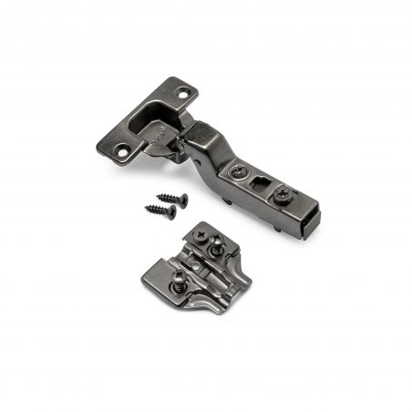 Lot de 20 charnières coudées pour montage rentrant X91 avec fermeture amortie et accessoires Euro, hauteur 0, Titane Lot de 20 charnières coudées pour montage rentrant X91 avec fermeture amortie et accessoires Euro, hauteur 0, Titane