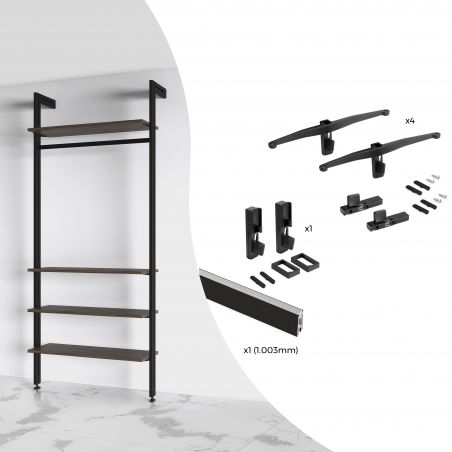 Kit de fixation Zéro pour 4 étagères bois et 1 tringle de suspension de 1m, Noir Kit de fixation Zéro pour 4 étagères bois et 1 tringle de suspension de 1m, Noir