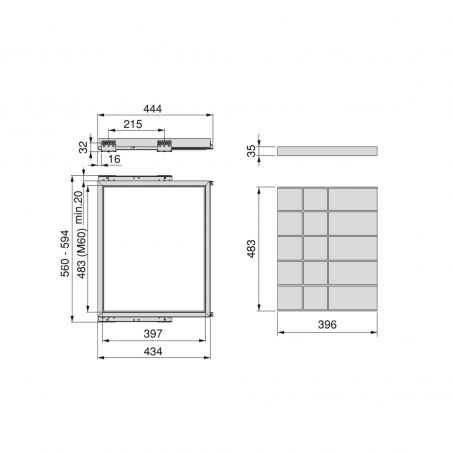 Kit de tiroir d'organisation avec amortisseur pour caisson de 600 mm, Gris