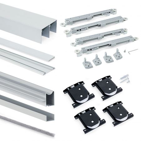 Kit pour Placard 2 portes coulissantes avec ouverture et fermeture amorties, panneaux épaisseur 18mm non inclus, Anodisé mat Kit pour Placard 2 portes coulissantes avec ouverture et fermeture amorties, panneaux épaisseur 18mm non inclus, Anodisé mat