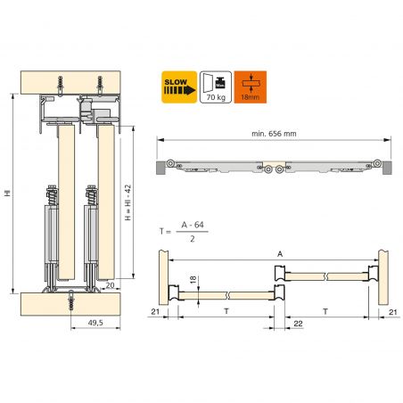 Kit pour Placard 2 portes coulissantes avec ouverture et fermeture amorties, panneaux épaisseur 18mm non inclus, Anodisé mat Kit pour Placard 2 portes coulissantes avec ouverture et fermeture amorties, panneaux épaisseur 18mm non inclus, Anodisé mat