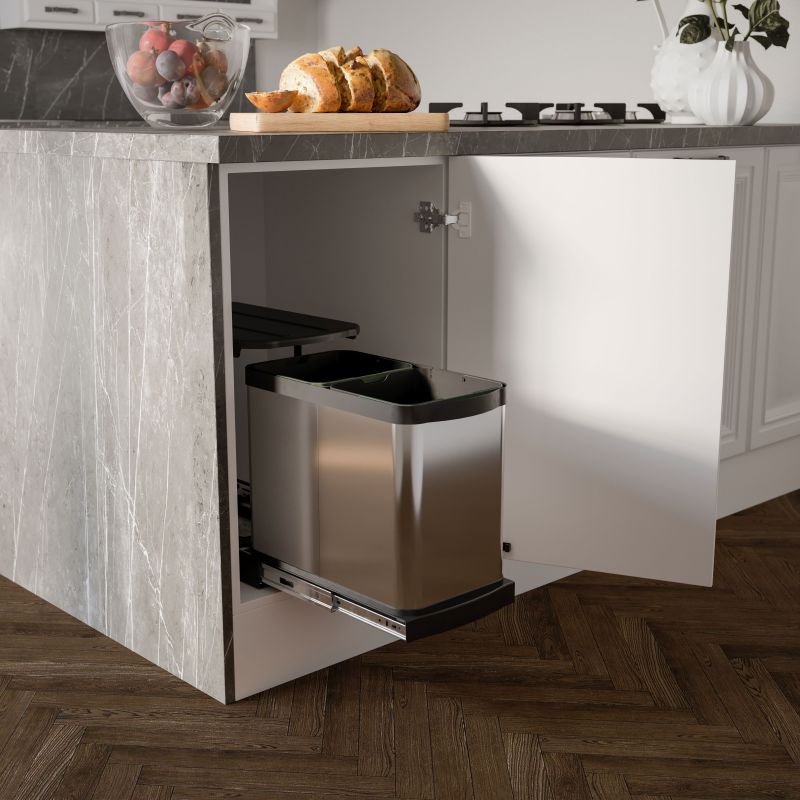 Poubelle de tri, 2 bacs de 12L, fixation au sol et extraction manuelle, Inox