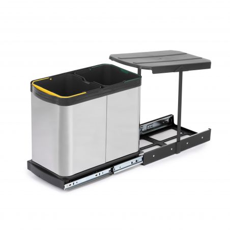 Poubelle de tri, 2 bacs de 12L, fixation au sol et extraction manuelle, Inox