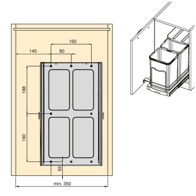 Poubelle de tri, 2 bacs de 12L, fixation au sol et extraction manuelle, Inox
