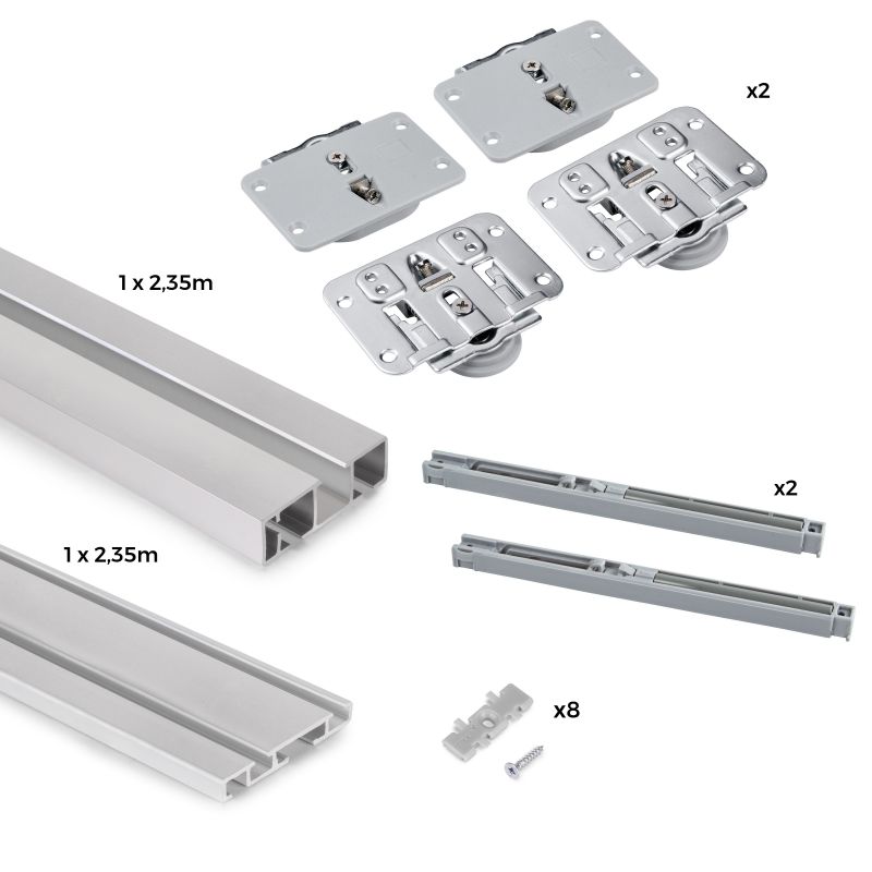 Kit de ferrures Flow pour placard 2 portes coulissantes avec rails de surface 2,35m, panneaux non inclus, Anodisé mat