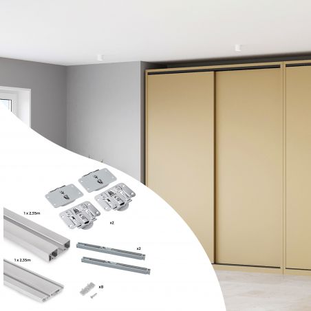 Kit de ferrures Flow pour placard 2 portes coulissantes avec rails de surface 2,35m, panneaux non inclus, Anodisé mat Kit de ferrures Flow pour placard 2 portes coulissantes avec rails de surface 2,35m, panneaux non inclus, Anodisé mat